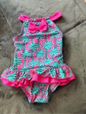 Floatimini Hot Pink & Teal Palm Ruffle One-Piece Swimsuit